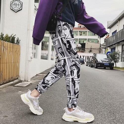 Mans Fashion Cartoon Comics Print Pants Loose Sport Casual Drawstring Elastic High Waist Joggers Pants Hip Hop Cropped Trousers