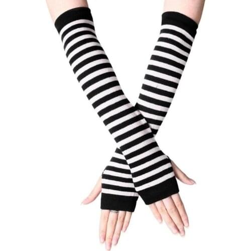 Fashion Women Striped Elbow Gloves Unisex Warmer Knitted Long Fingerless Gloves Elbow Mittens Half Finger Sleeves Accessories