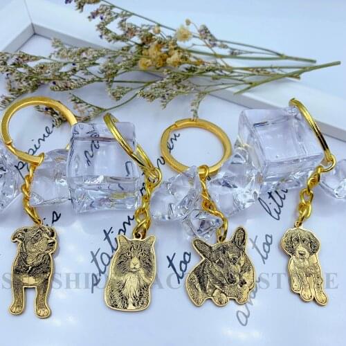 Customize pet gold-plated keychain photo keyring for memorial gift Engraved picture and texts for pet