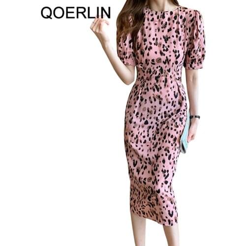 QOERLIN Vintage Sashes Pink Leopard Print Dress Women Summer Elegant Short Puff Sleeve Midi Length Slim Elegant Dresses Female