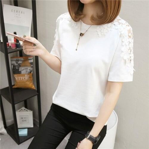Summer New Korean Loose Solid Round Neck Bottomed Shirt Short Sleeve T-Shirt Womens Hollow Out Top White Off Shoulder Top