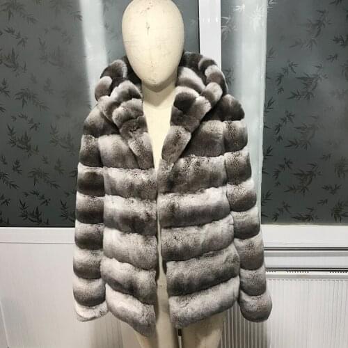 Hooded Fur Coat Women Jacket Chinchilla Color Winter New Fashion Warm Real Rabbit Fur Outwear High Quality Top Selling