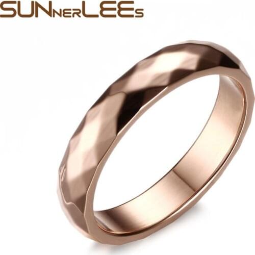 SUNNERLEES Titanium Stainless Steel Rose Gold Color High Polished Simple Style Women Girl Wedding Ring Jewelry Gift R-102