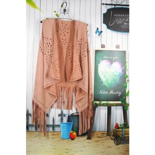 H80&S90 Top Women Irregular Sleeveless Girls Vests Notched Femme Outwear with Suede Casual Capa with Fringe Lady Clothing Scarf