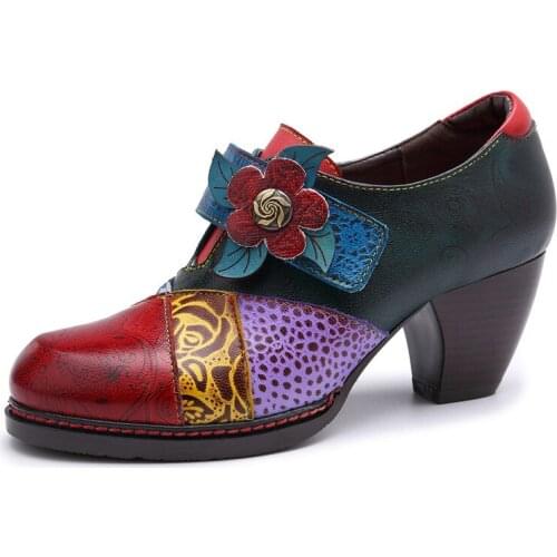 Retro Genuine Women Pumps Women Shoes Genuine Leather Embossed Embroidery Buckle Strap 4.5CM Thick High heels Colorblock