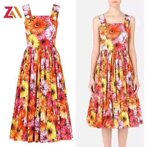 ZALady designer runway midi dress with floral pattern summer elegant Spaghetti strap fashion beach boho party dresses women robe