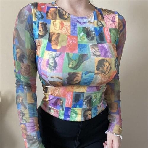 Dourbesty Women Mixed Color Sheer Mesh Tees Slim Casual Long Sleeve Top Crew Neck Crop Top Autumn Streetwear Basic T-Shirts