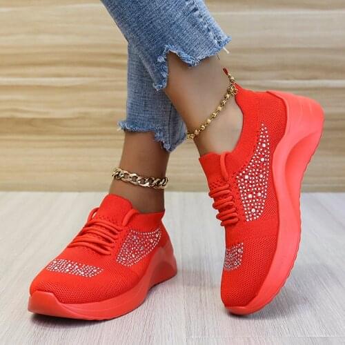Women Sneakers 2021 Summer Plus Size 43 Breathable Knitted Womens Running Shoes Vulcanized Shoe Rhinestone Casual Lace Up New