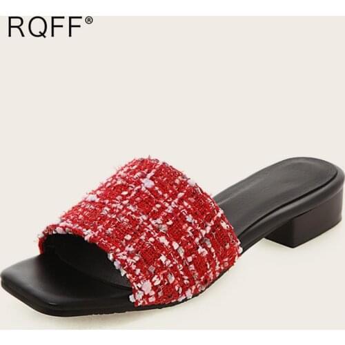 2021 Summer New Slippers Women Slides Plus Big Size 43 44 45 46 47 48 49 50 Mules Shoes Low Block Heel Plaid Cloth Black Fashion