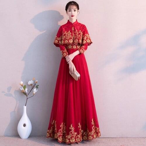 Red Traditional Chinese Wedding Gown 2019 Long Sleeve Cape Mandarin Collar Embroidery Female Cheongsam Wedding Dress AA4550
