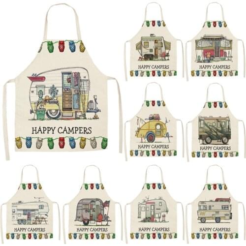 1Pcs Colorful RV Comics Pattern Cleaning Aprons Home Cooking Kitchen Apron Cook Wear Cotton Linen Adult Bibs 53*65cm WQL0181