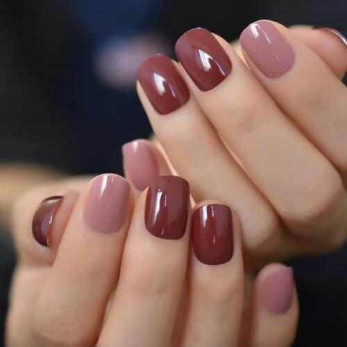 24Pcs Mix Color Glossy Fake Nails Square Artificial Brown Pink Round False Nail Tips for Office Home Faux Ongle Sticker