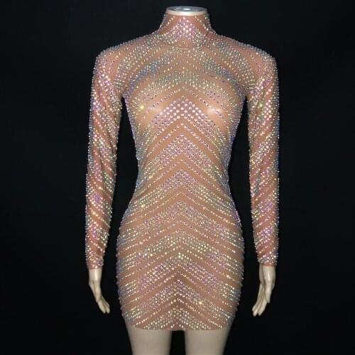 AB Color Rhinestones Long Sleeves Dress Sexy Mesh See Through Stage Dance Transparent Costume Female Singer Bright Outfit