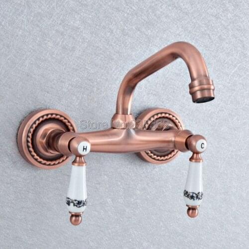 Antique Red Copper Bathroom Kitchen Sink Faucet Mixer Tap Swivel Spout Wall Mounted Double Handles Lsf890