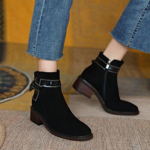 Side Zipper Women Motorcycle Boots Round Toe Thick Heels Boots for Women Vintage Classic Design Working Casual Shoes Woman