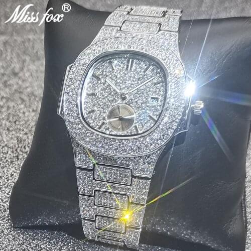 Hip Hop MISSFOX Mens Watches Luxury Iced Out Waterproof Diamond Steel Silver Male Watch Quartz Jewelry Clocks Relogio Masculino