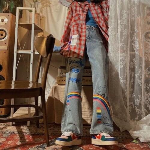 Blue Rainbow Jeans Women Streetwear Straight Jeans Female Cotton Cargo Pants Streetwear Loose Summer Harajuku Oversized Jeans