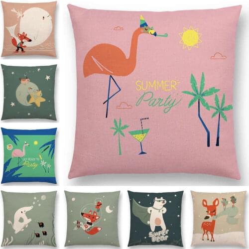 Hot Sale Super Fun Cute Cartoon Animals Flamingo Fox Whale Elephant Deer Bear Cat Happy Day Cushion Cover Sofa Throw Pillow Case