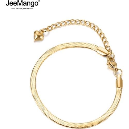 JeeMango New Stainless Steel Snake Chain Thin Bracelets Bangles Fashion Gold Color Anniversary Chirstmas Gifts For Women JB18075
