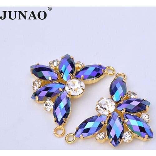 JUNAO 2pc 30*40mm Sewing Blue AB Flowers Rhinestone Gold Metal Claw Crystal Stones Glass Beads Applique for Dress Jewelry Making