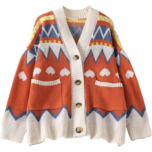 Autumn Winter Sweet New Knit Female Long Cardigan Loose Streetwear Sweater Coat Geometric Print V-Neck Button Womens Tops