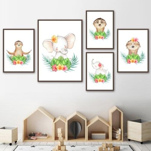 Cartoon Cute Animal Canvas Painting Elephant Otter Wall Picture for Living Room Childrens Room Decoration Poster Wall Art
