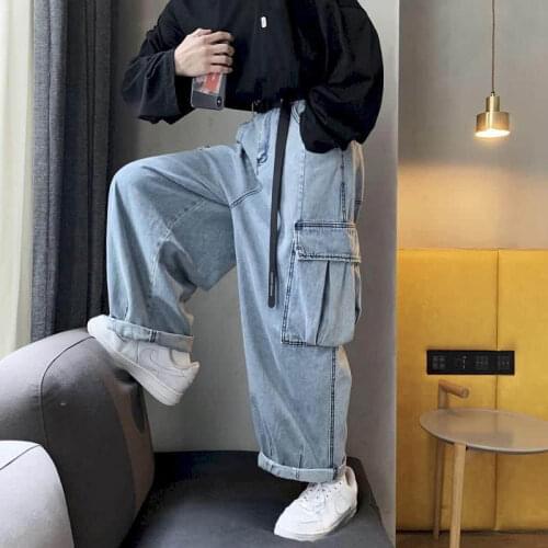 Straight wide leg overalls for men and women autumn and winter denim trousers female loose student port style big pocket couple