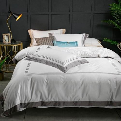 Papa&Mima embroidered Hotel Bedding Set White Cotton Linens Sheet Pillowcase Quilt Cover Sets Queen King Super King Size