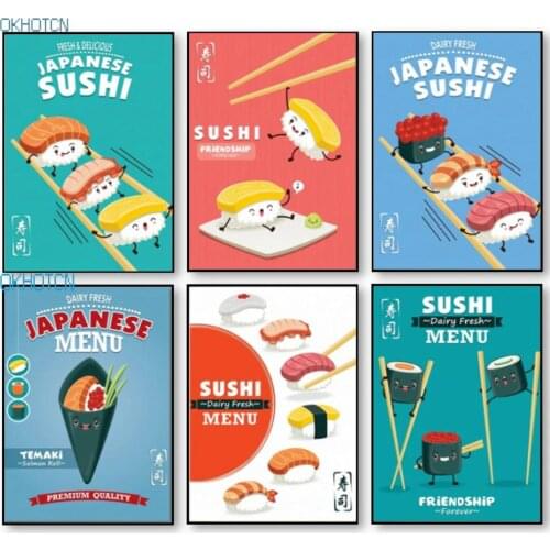 Cute Funny Japanese Sushi Cartoon Canvas Painting Wall Art Poster and Prints Restaurant Kitchen Home Decoration Modular Picture