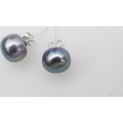 Freshwater pearl black coin earrings 9-10mm FPPJ wholesale beads silver925 for xmas gift