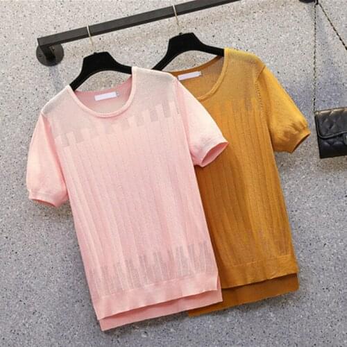 Plus size short sleeves ice silk kintting thin sweater pullover Summer sexy hollow out sueters de mujer solid loose pull femme