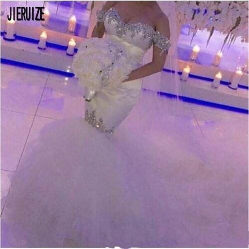 JIERUIZE Luxury Shiny Mermaid Wedding Dresses Off the Shoulder Appliques Beaded Lace Up Back Bridal Wedding Gowns robe de mariee