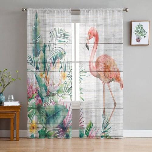 Flamingo Tropical Plant Wood Tulle Window Treatment Sheer Curtains for Kitchen Living Room the Bedroom Curtains Decoration