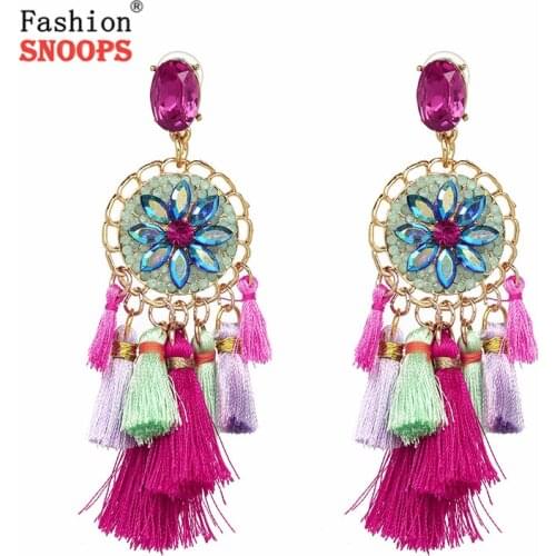 Vintage Ethnic Colorful Rhinestone Flower Tassel Earrings Statement Jewelry Dangle Drops Fringed Earrings