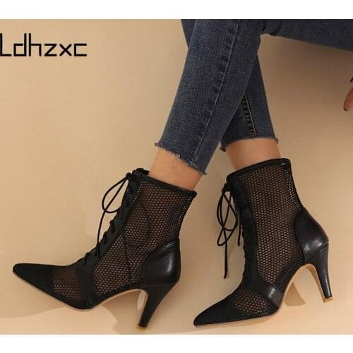 LDHZXC 2021 NEW Mesh Summer Boots Women Mesh Ankle Boot High Heel Pointed Toe Shoes Hollow Out Back Zip Black White Size33-47