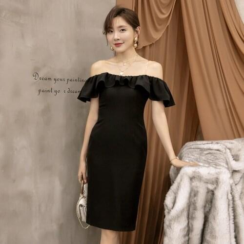 YIGELILA Summer Fashion Sheath Black Dress with Ruffles Solid Slash neck Knee-length Empire Slim Dress 65085