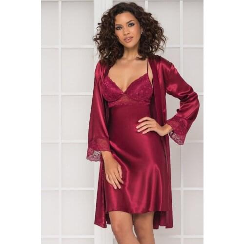 Women Burgundy Satin Nightgown Dressing Gown Suit Pc4285 4285 new season product Lace and satenin gorgeous coexistence