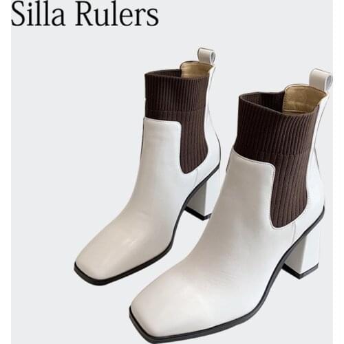 Silla rulers 2020 Square Toe Chelsea Boots Women Genuine Leather Chuky Heels Socks Ankle Boots For Women Elastic Boots Wooman