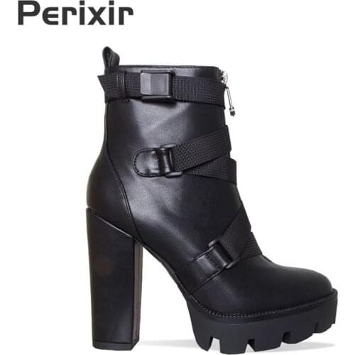 2019 Spring Fashion Black Boots Women Heel Spring Autumn Lace-up Soft Leather Platform Shoes Woman Party Ankle Boots High Heels