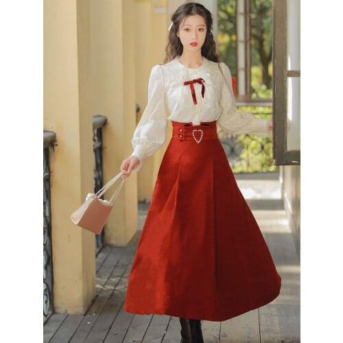 Winter Two-Piece Set Women 2020 New Lace Composite Sweet Knitted Padded Shirt Tops + Retro Red Wild Skirt Womens Clothing