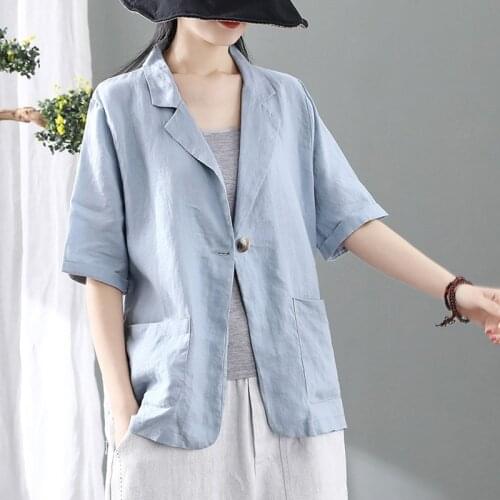 Women Cotton Linen Casual Blazer Jackets New 2021 Summer Simple Style Vintage Solid Color Thin Ladies Elegant Coats S4062