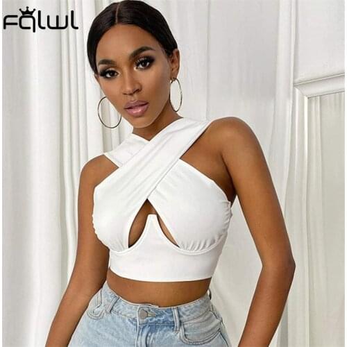 FQLWL Summer Streetwear Bodycon Crop Top Hollow Out Casual Cross Cutout Halter Bustier Top White Fashion Tank Tops Women 2021