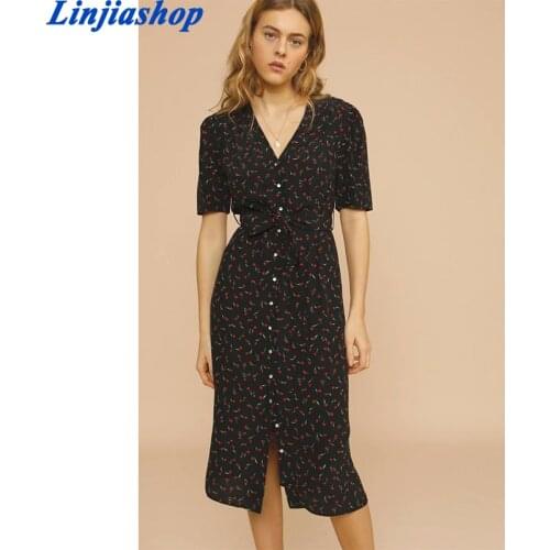 Women Rose Floral V-Neck Midi Dress Ladies Single-Breasted Short-Sleeved Waist Lace-up Female Holiday Dresses 2021 New