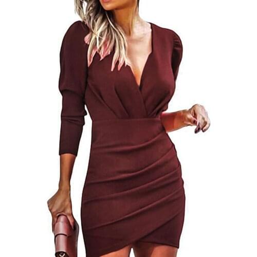 Women Sexy Bodycon Dress Sexy Women Long Sleeve Deep V Neck Ruched Waist Tight Party Mini Bodycon Dress Dress Party Vintage Wear