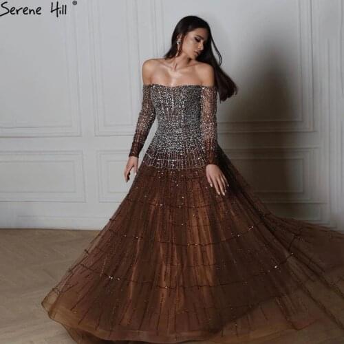 Serene Hill Dubai Brown Long Sleeves Evening Dress Design 2021 A-Line Off Shoulder Beading Formal Party Gown CLA70292