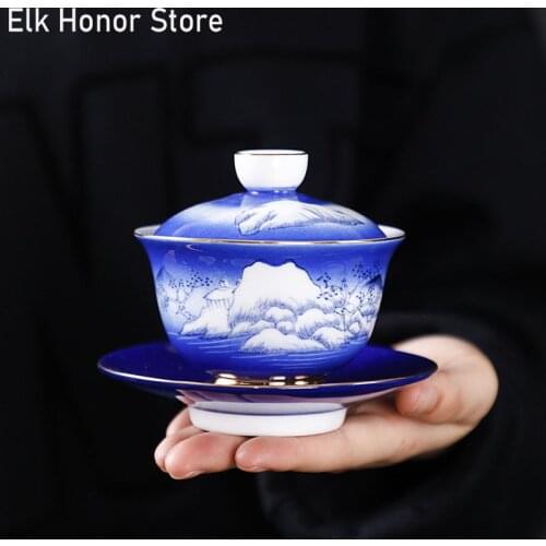 150ml Luxury Full Color Hand Painted Landscape GaiWan Tea Bowl With Saucer Lid Kit Master Tea Tureen Office Decoration Tea Sets