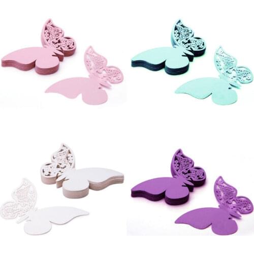 50PCS/Lot White Blue Purple Pink Name Cards Butterfly Place Escort Wine Glass Cup Paper Card for Wedding Party Home Decorations