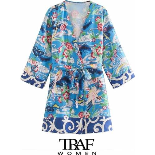TRAF Za Women Fashion With Belt Floral Print Kimono Blouses Vintage Three Quarter Sleeve Side Slit Female Shirts Chic Tops