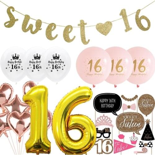 Birthday Party Sweet 16 Banner Happy Birthday Balloon 16th Birthday Party Photo Props Decoration Supplies WQ03