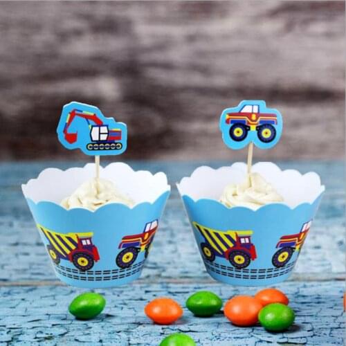 Excavating Machin Theme Happy Birthday Party Wrappers Decoration Cupcake Toppers Cake boys Favors Baby Shower Supplies 12PCS/lot